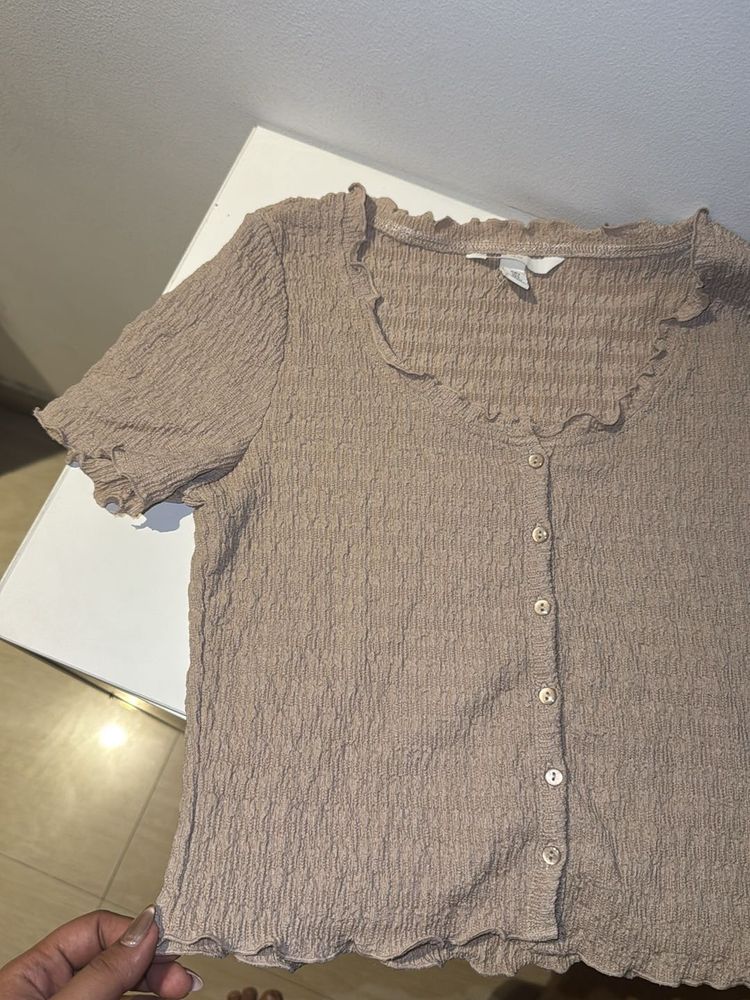 Beige Smocked Button Up Shirt