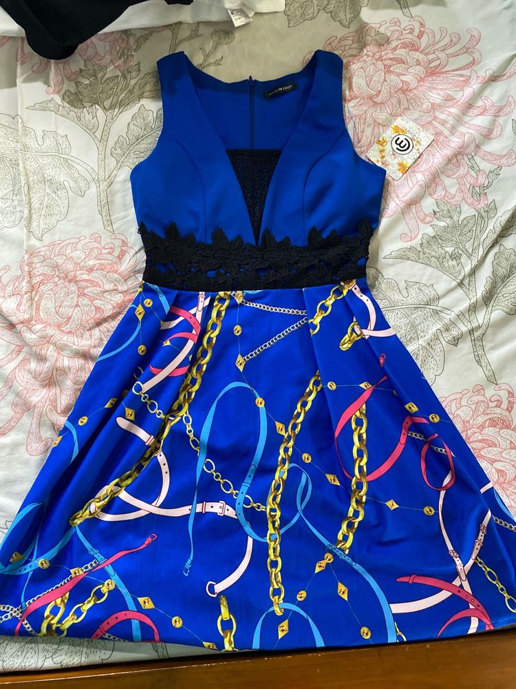 Classic Solid Blue Printed Mini Flare Dress