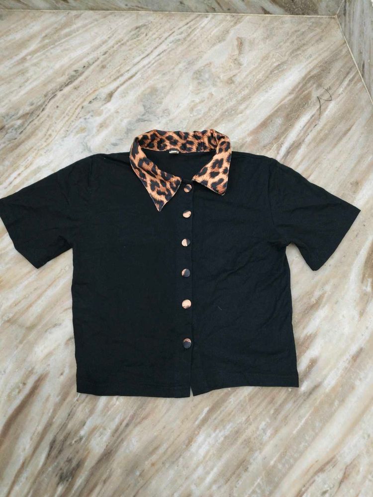 Black Button-Down Top w/ Leopard Collar