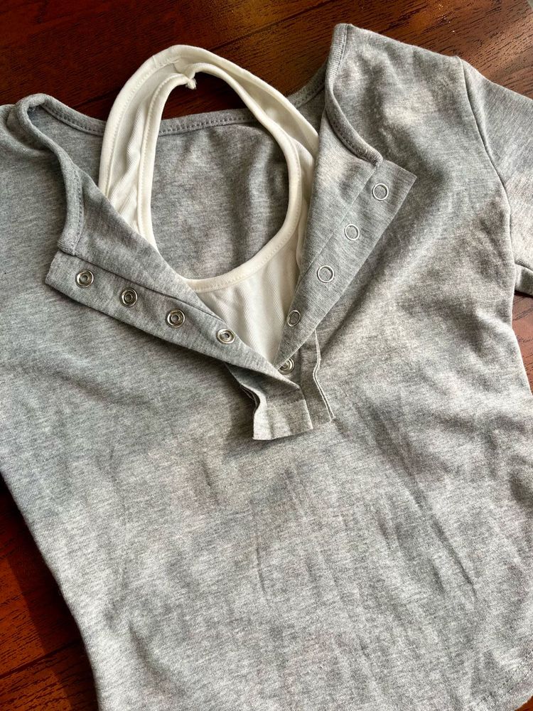 Gray Short Sleeve Crop Top attached White Tank