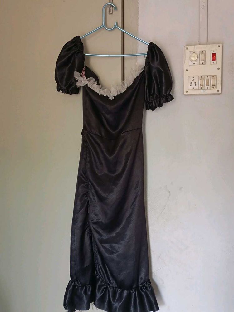 Black Ruffle-Trim Midi Dress