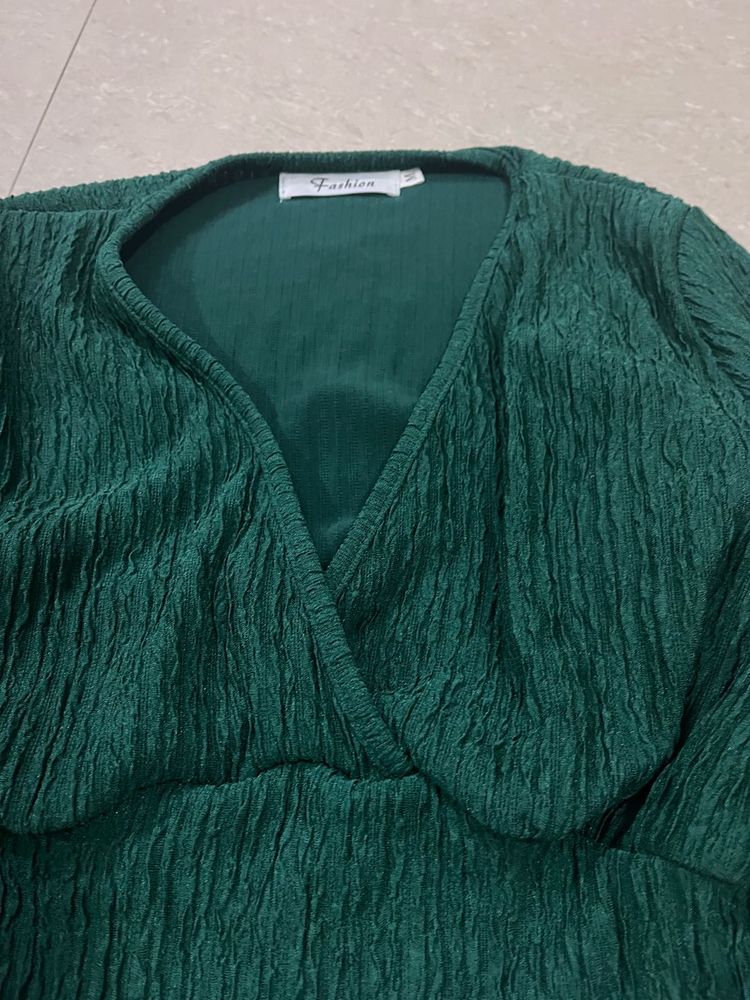 Green Wrap crop blouson Top