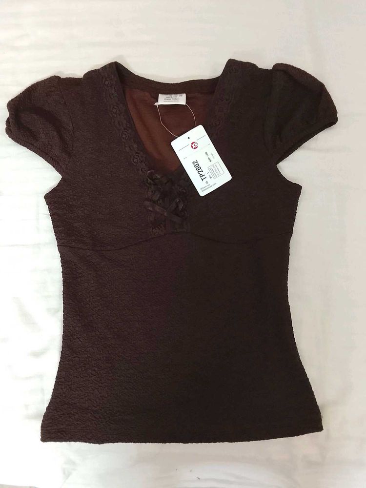 LITTLEBOX Fitted Brown Bow Top Y2k With Tag