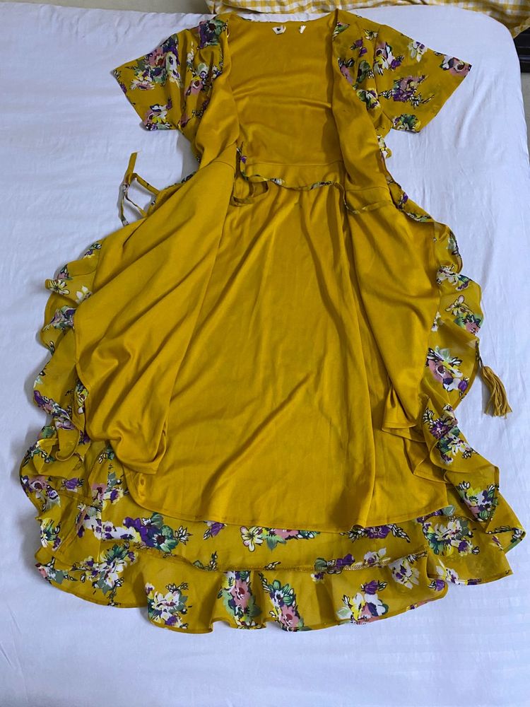Floral Print Yellow Wrap Dress Fits S-M