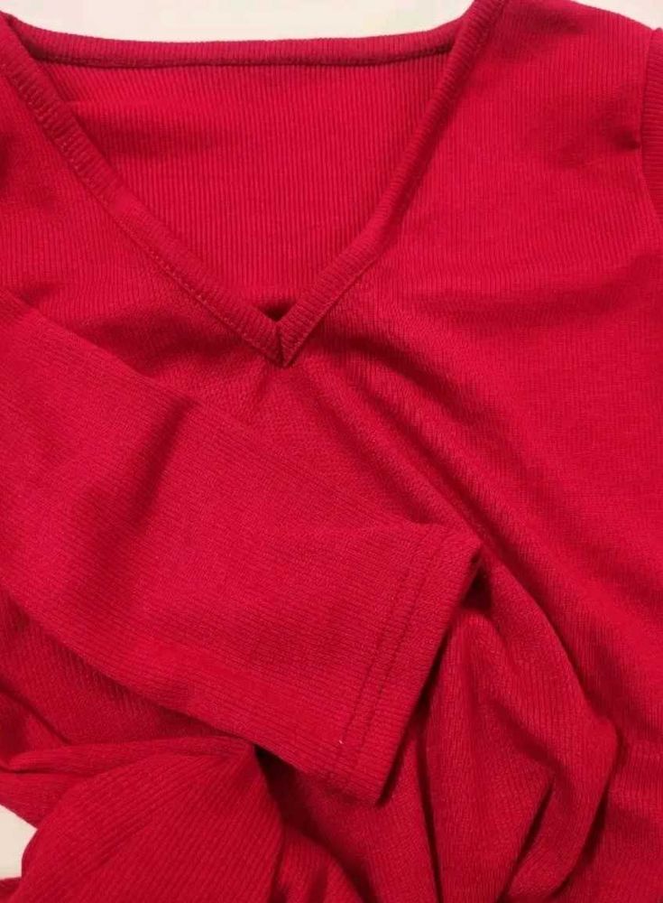 Red V-Neck Ribbed Knit Top