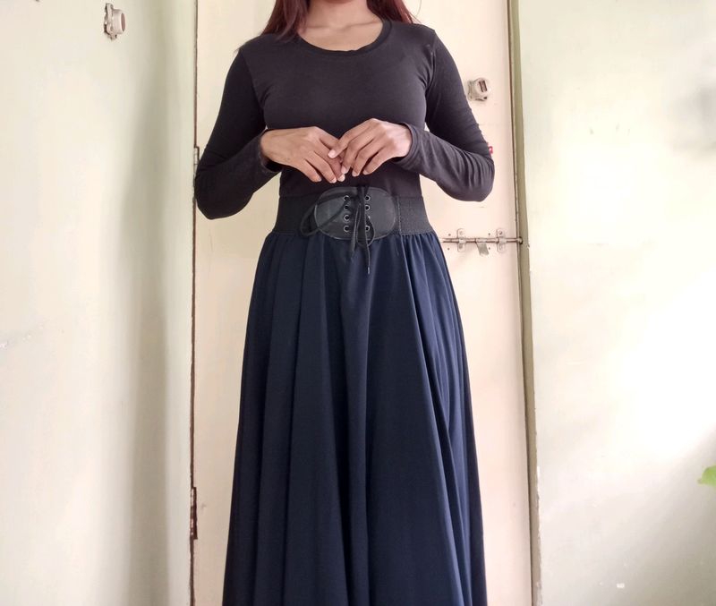 Long Flared Navy Blue Skirt