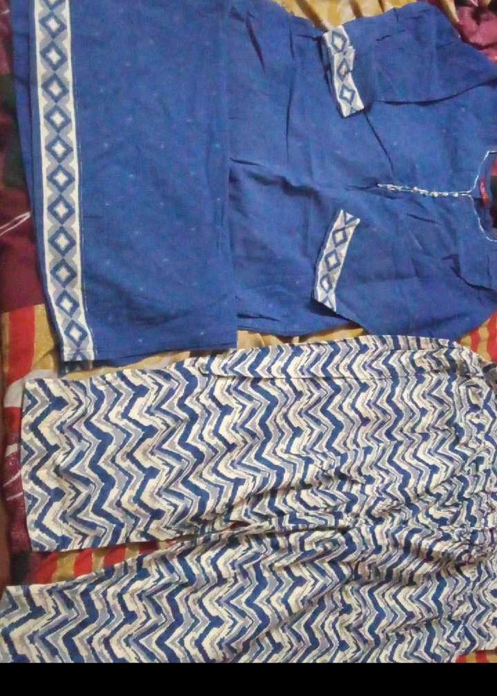 Blue Printed Cotton Kurta Pyjama Combo
