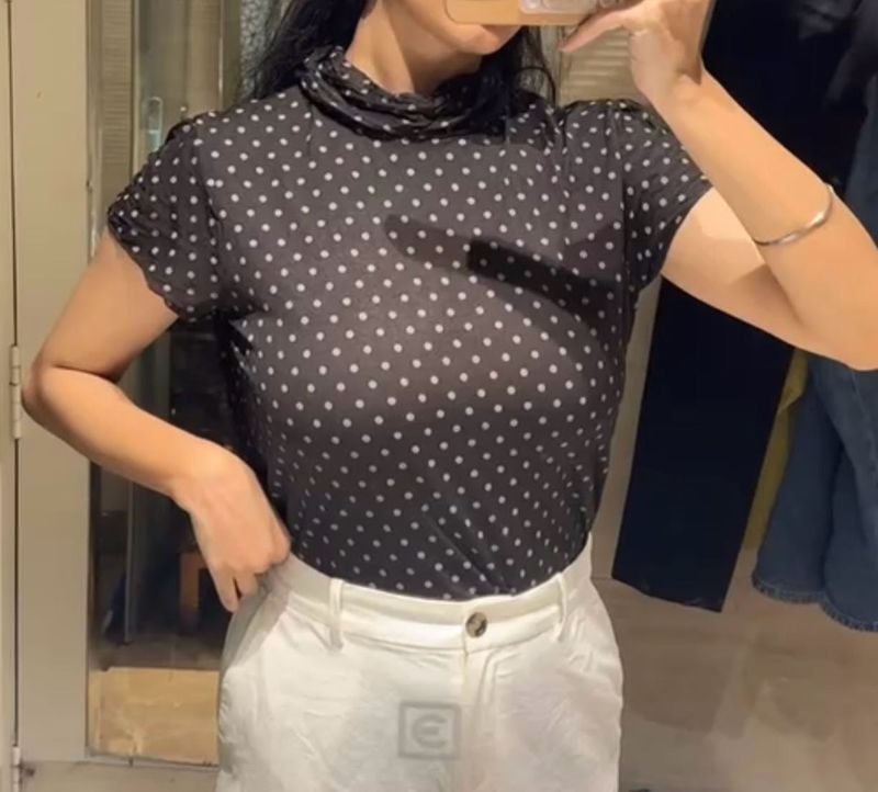 brown polka dot high neck top