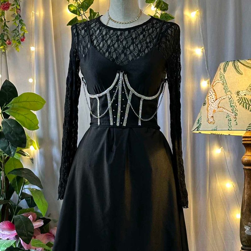 Lace Detail Black Dress with corset belt
