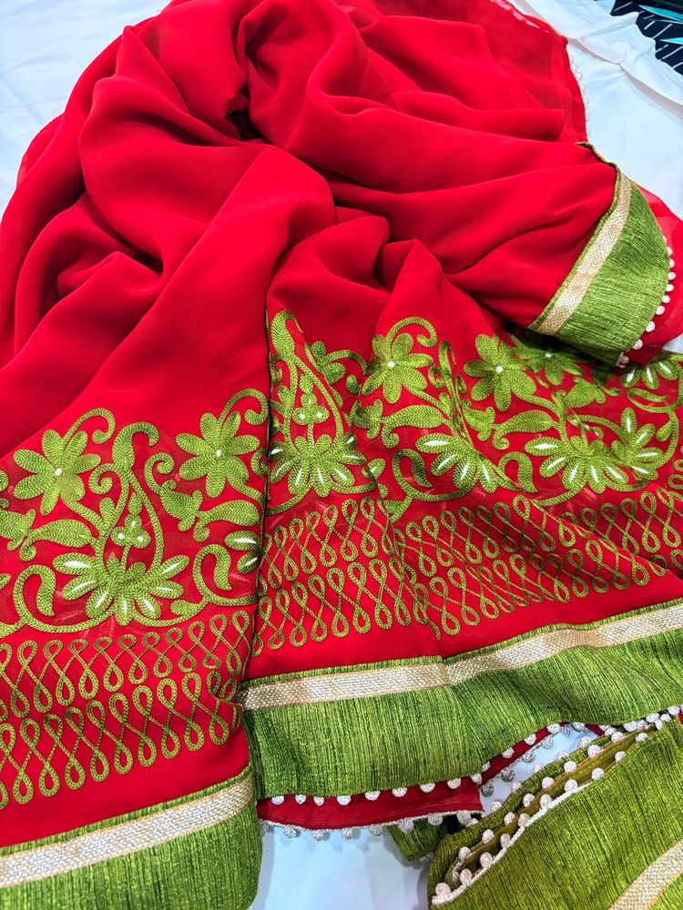 Red &amp; Green Embroidered Saree