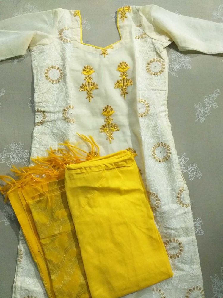 White And Yellow Kurta Set