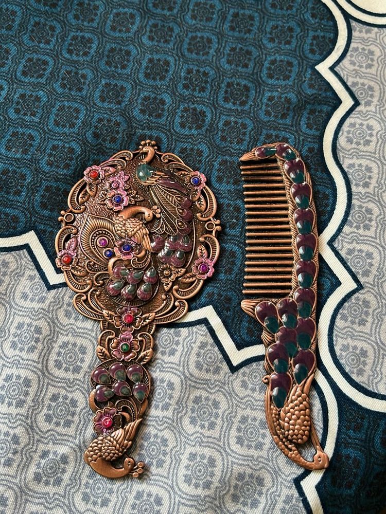 Vintage Peacock Comb &amp; Mirror Set