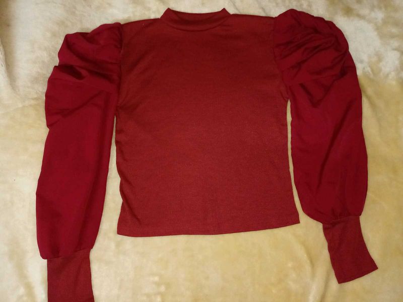Red Puff Sleeve Mock Neck Top