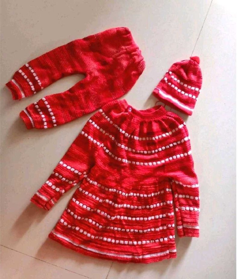 Red Knitted Baby sweater Outfit - 3 Pieces