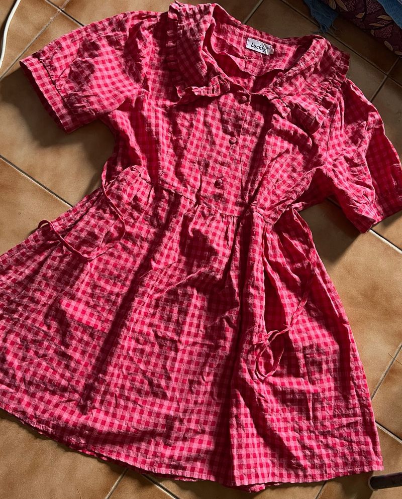 PINK GINGHAM KOREAN DRESS