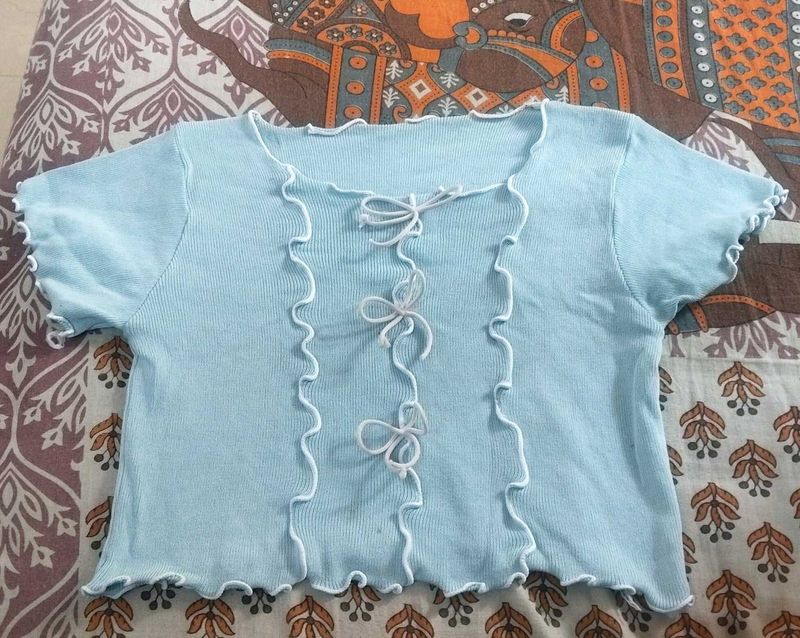 Cute Light Blue Crop Korean Top