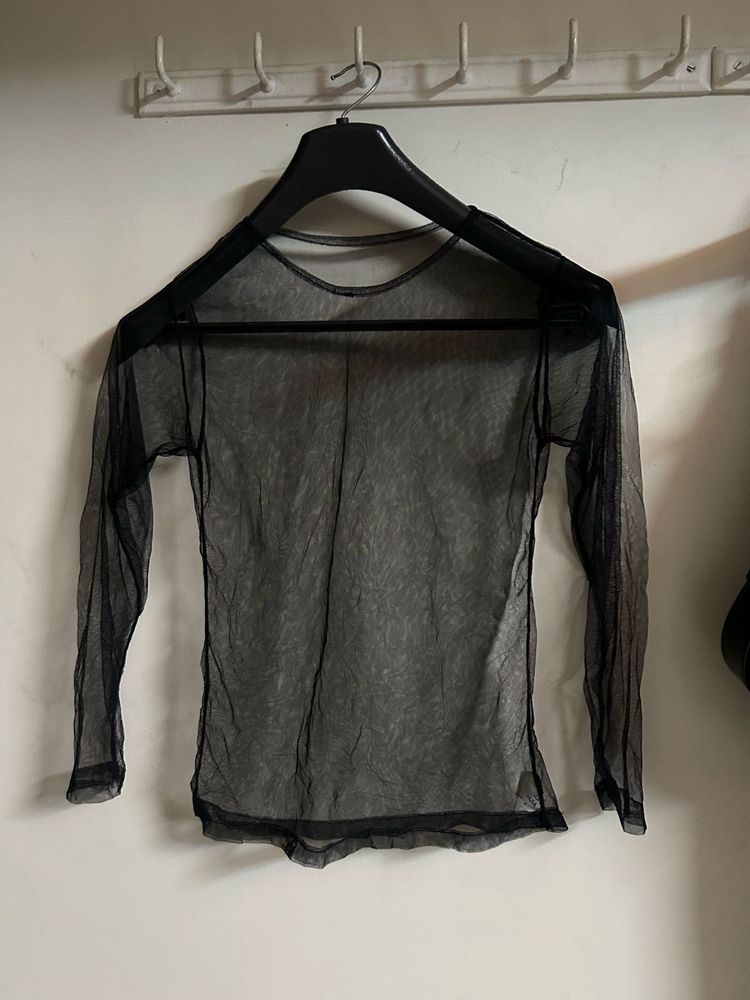 Black Mesh Long Sleeve Top