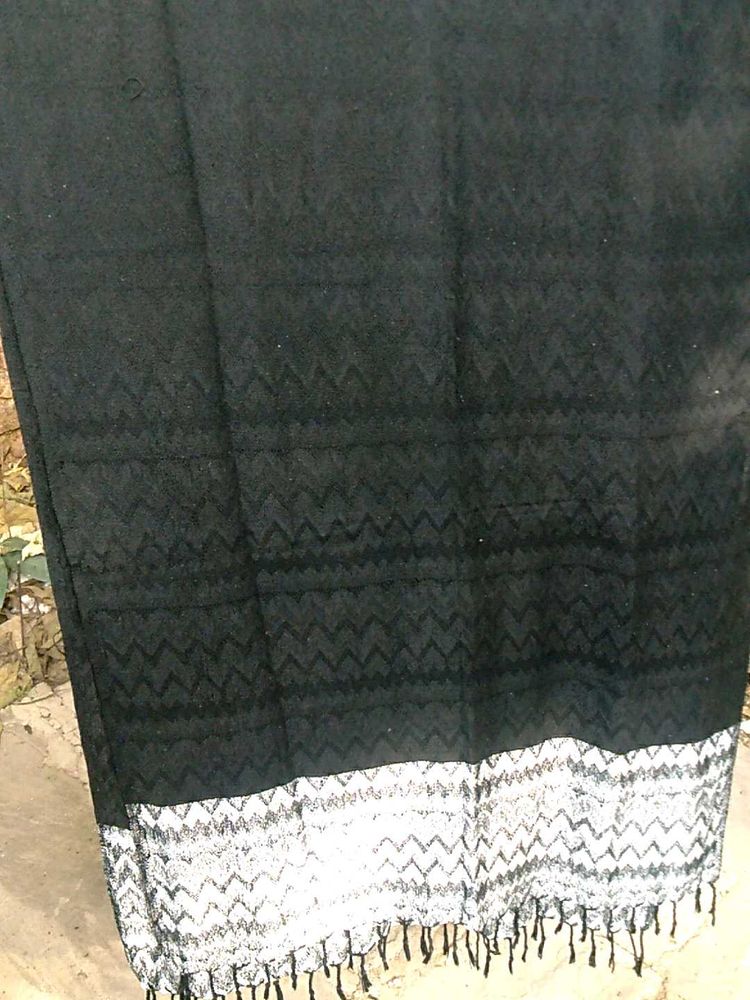 Black Patterned Shawl with Fringe