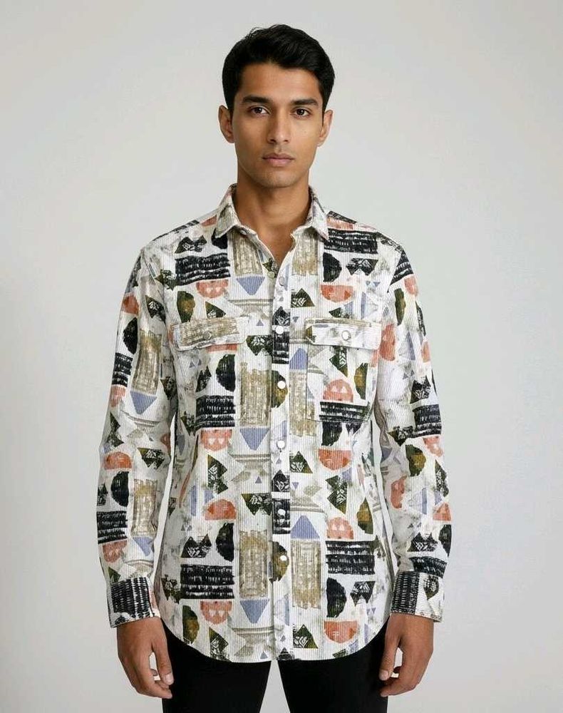 Men’s Multi-Color Geometric Print Corduroy Shirt –