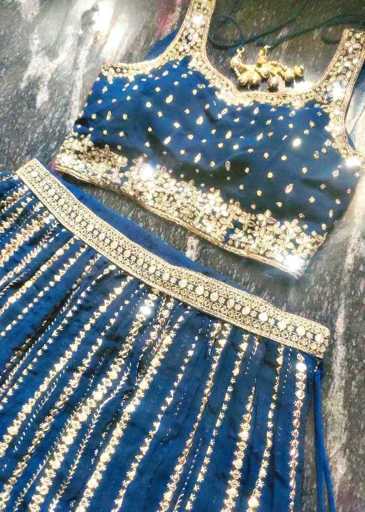 Blue &amp; Gold Embellished Lengha Set