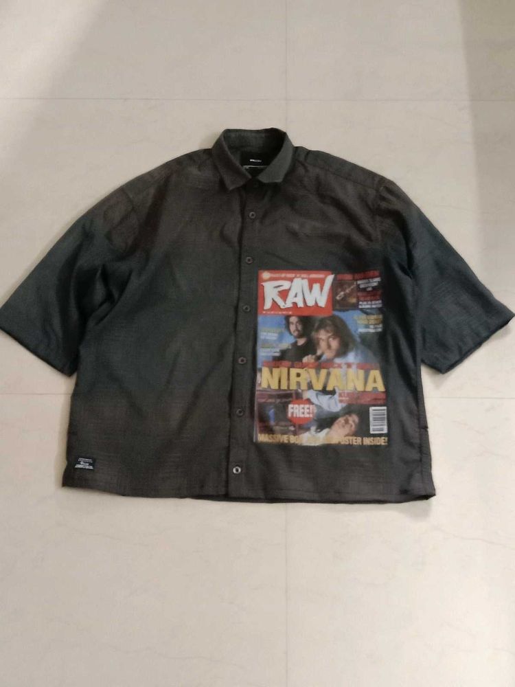 Oversized Cropped Graphic Print Shirt