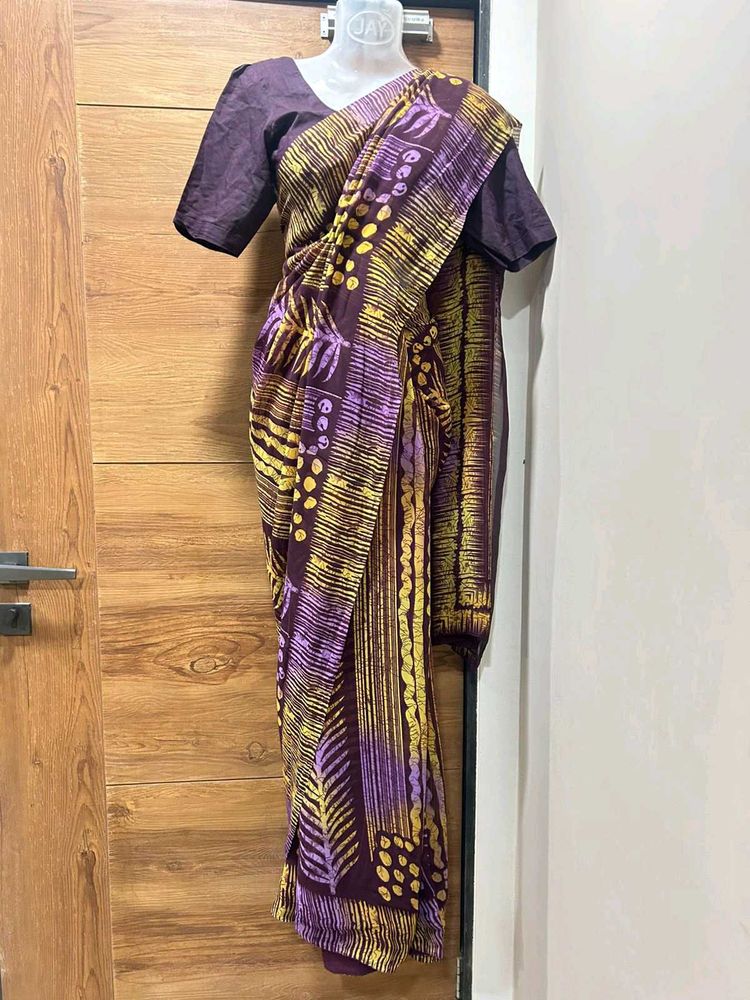 Royal Plum Batik Print Cotton Saree