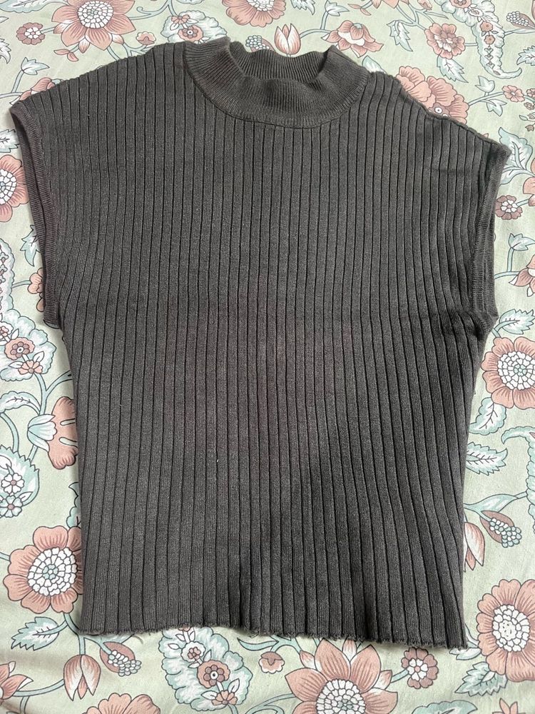 Grey Ribbed High Neck Top