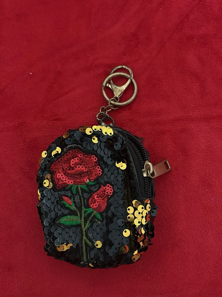 Sequin Rose Coin Pouch Keychain