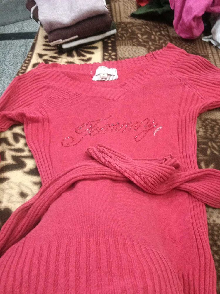 Red Knit Top with Embellishment