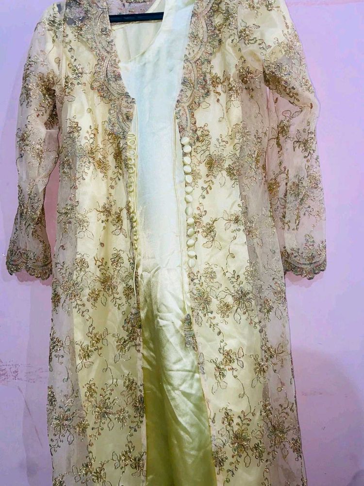 Elegant Gold Embroidered Dress with Sheer Jacket