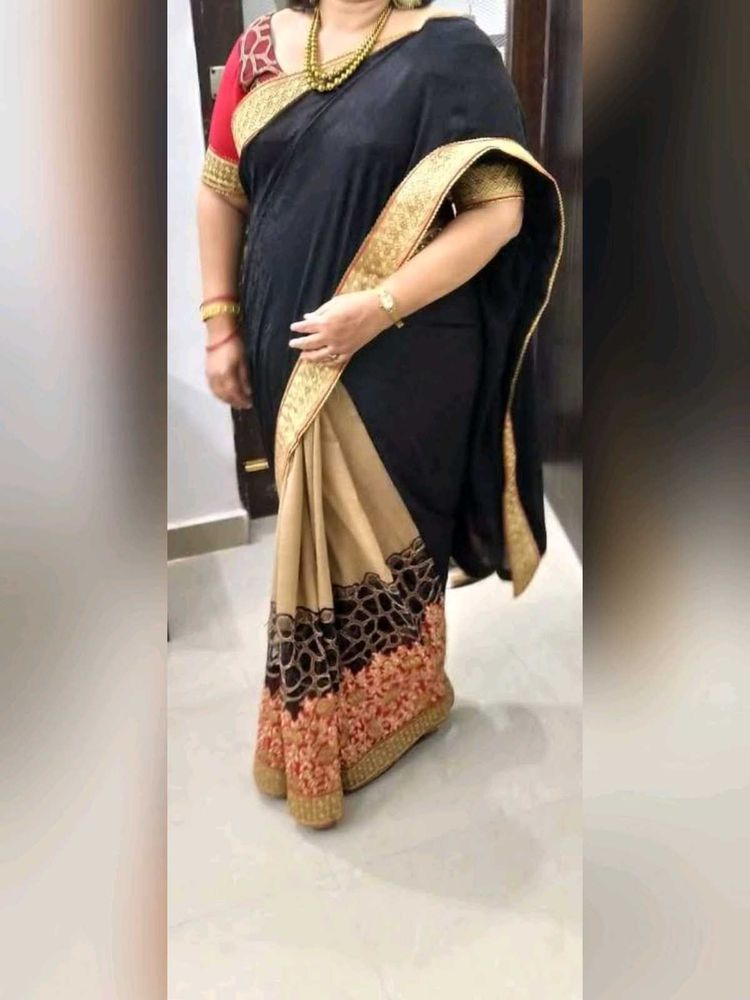 Elegant Black &amp; Beige Saree with Red border