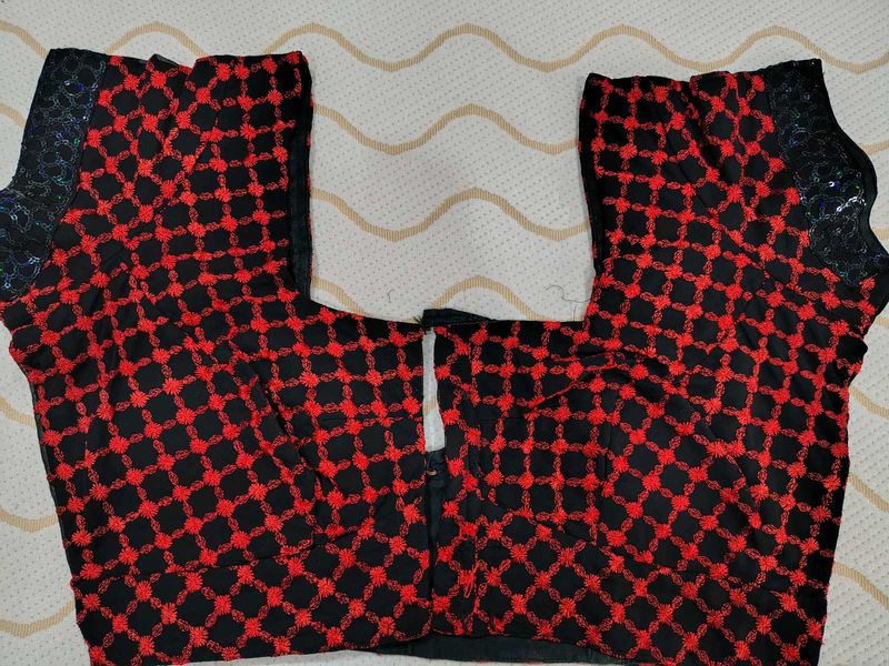 Red &amp; Black Embroidered Blouse