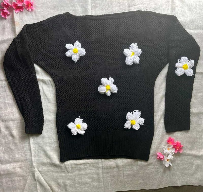 Black Floral Knit Sweater