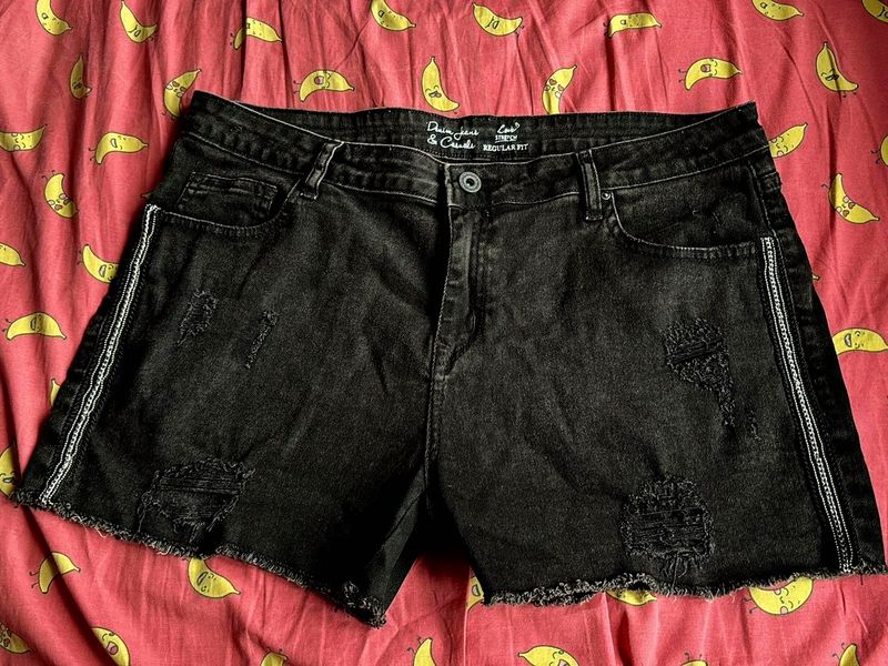 Distressed Black Denim Shorts with White Stripe