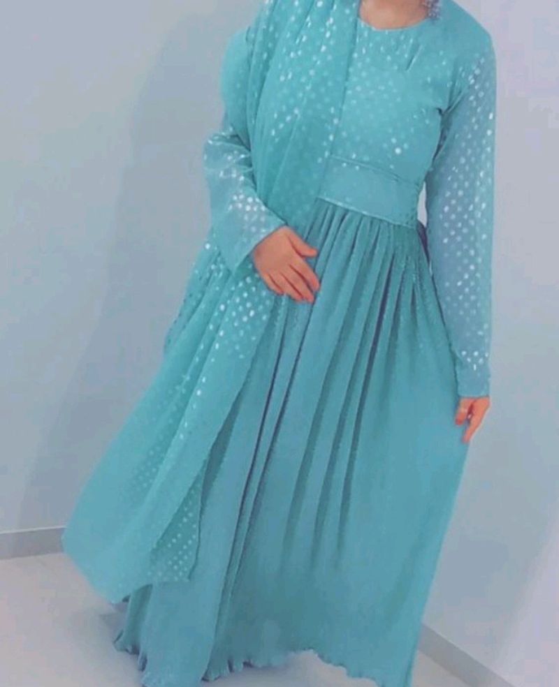 Sea Green Gown Of Crush Fabric With Dupatta