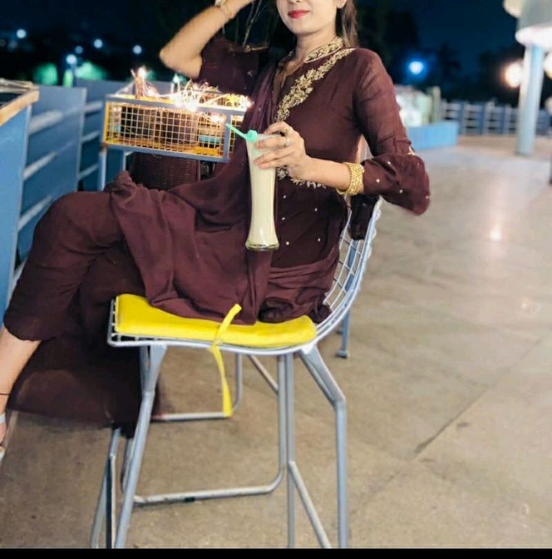 Dark Brown Coffee Colour Short Frock Kurta With Plazo... Beautiful Hand Work U Can See In Video