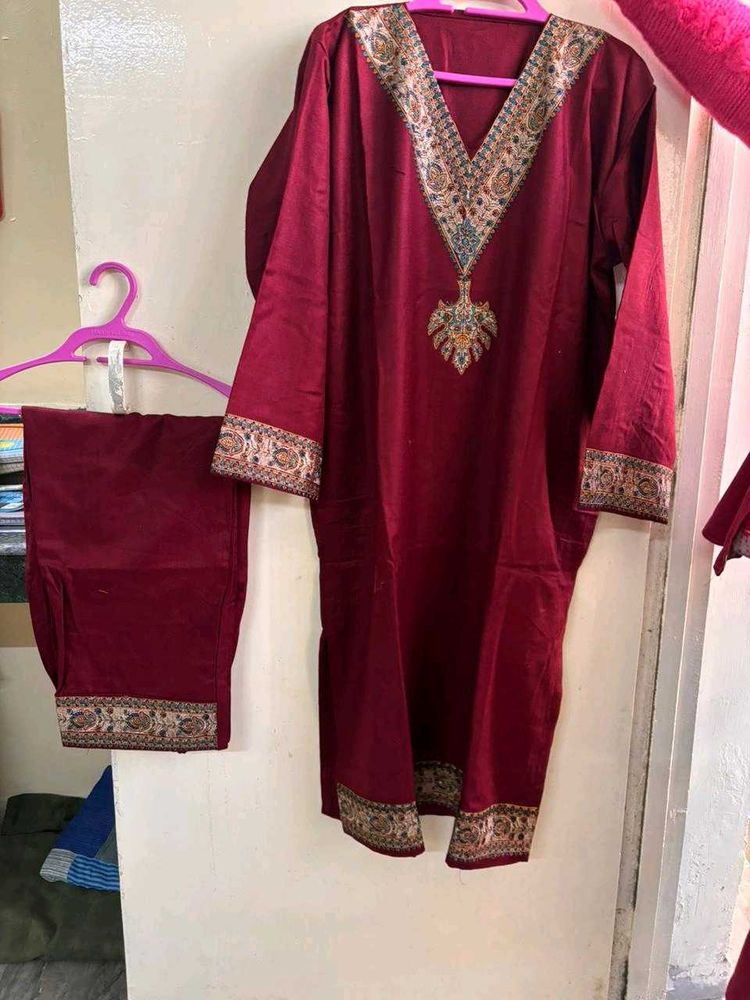 Maroon Embroidered Kashmari Kurta Set