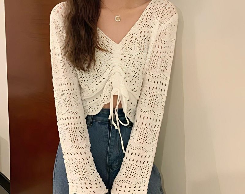 White Cottagecore Crochet Drawstring Blouse