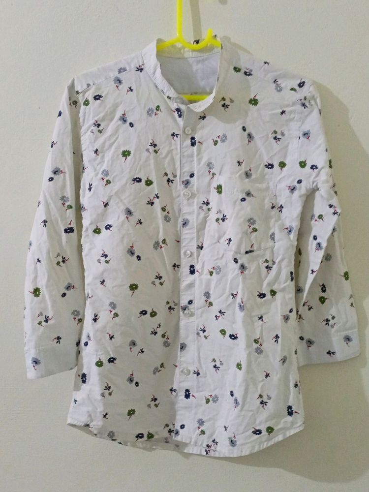 China Collar White Floral Shirt