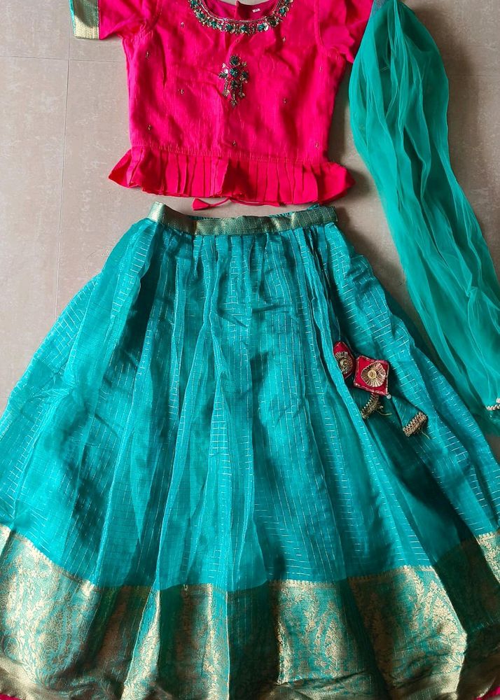 Pink and Teal Lehenga Choli Set With Blouse
