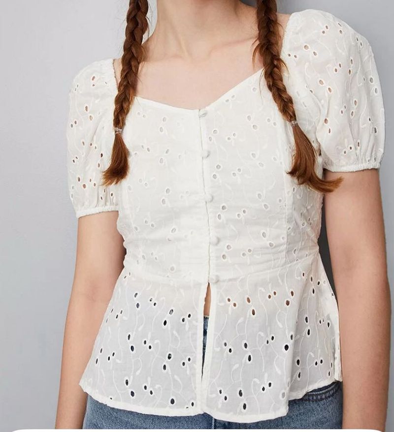 Sweetheart Neck Puffed Sleeves Pure Cotton Top