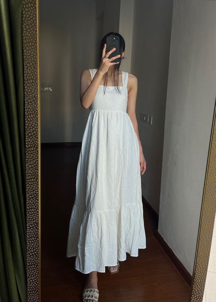 NEW LOOK Square Neck Back-Tie Midi Dress in White