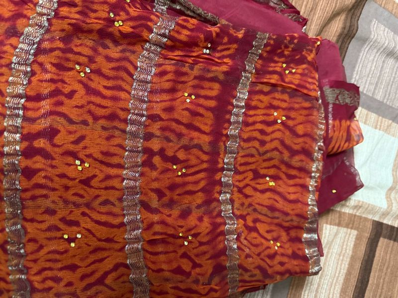 Orange &amp; Red Animal Print Saree