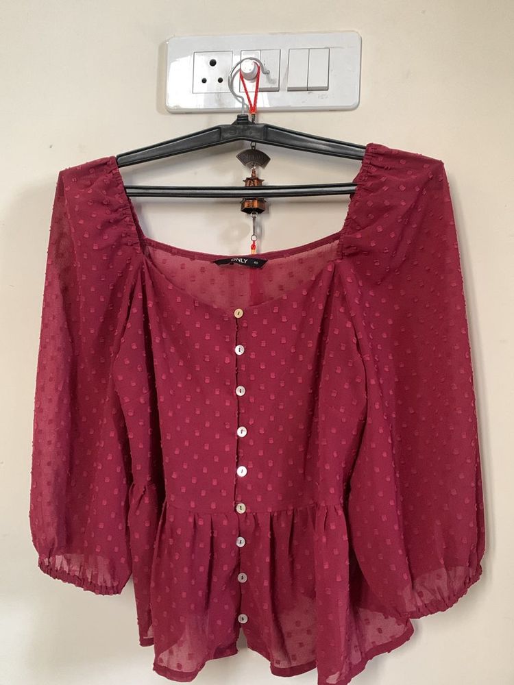 Only Burgundy Swiss Dot Button-Down Top