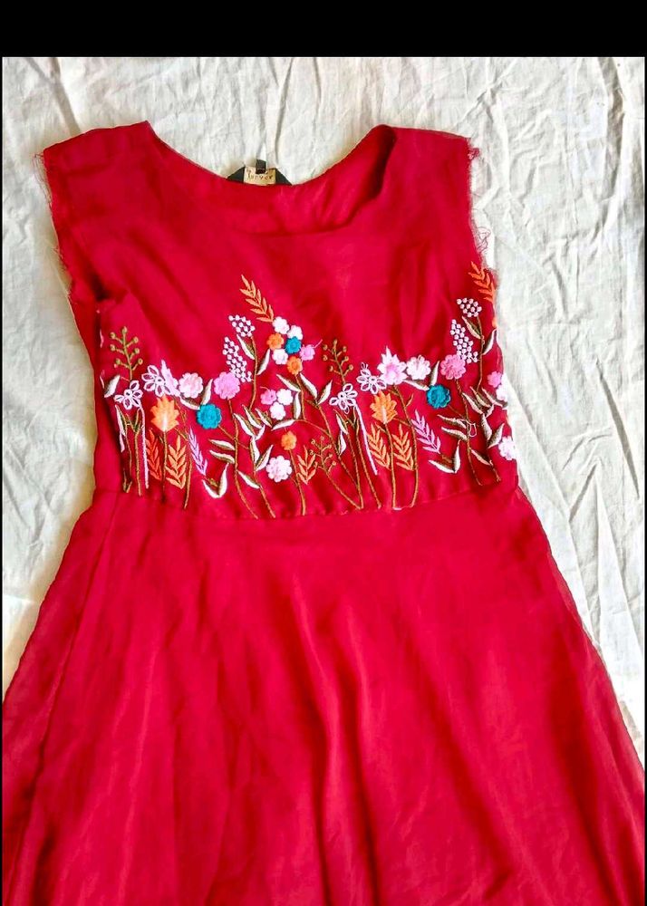 Red Dress with Floral Embroidery