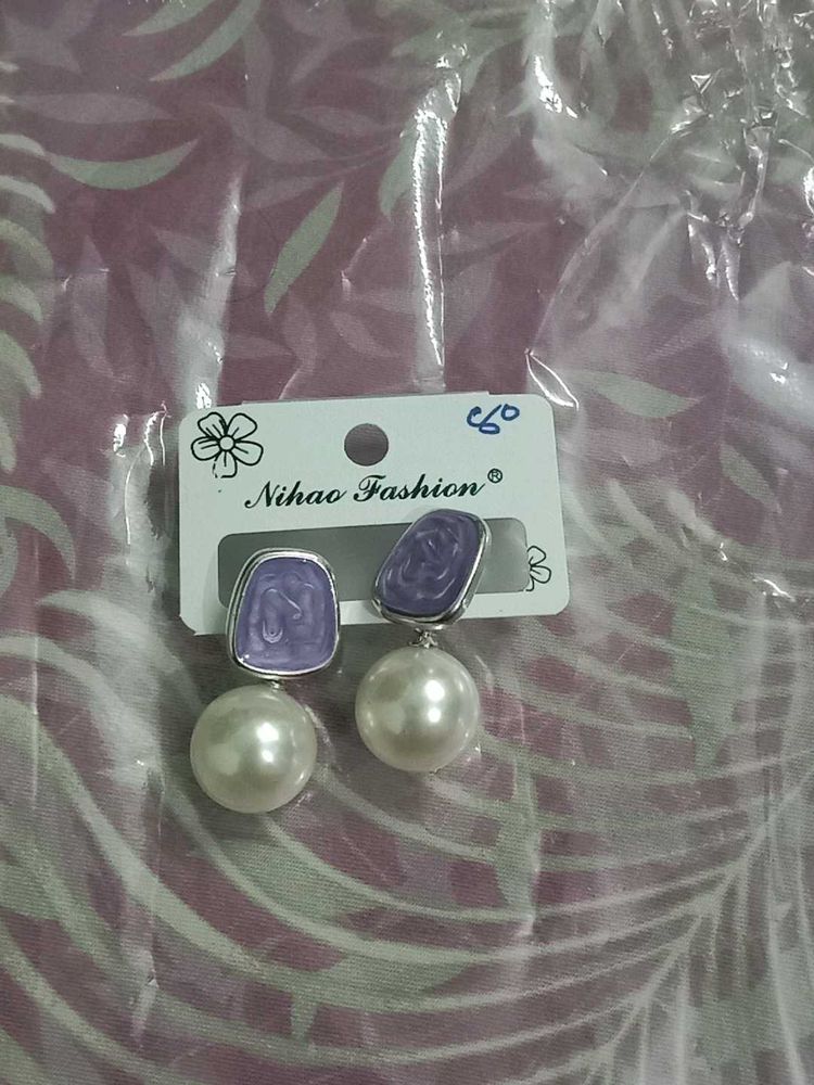 Pearl Drop Earrings - Purple Accent