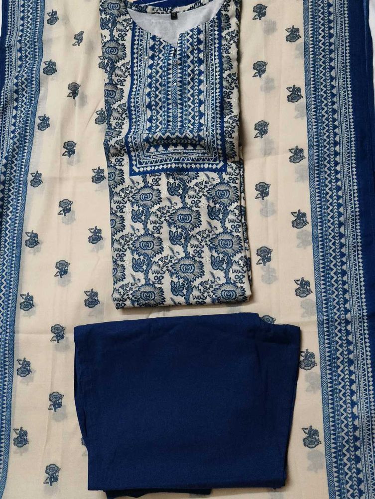 Blue Cotton Printed Embroidered Kurta Set