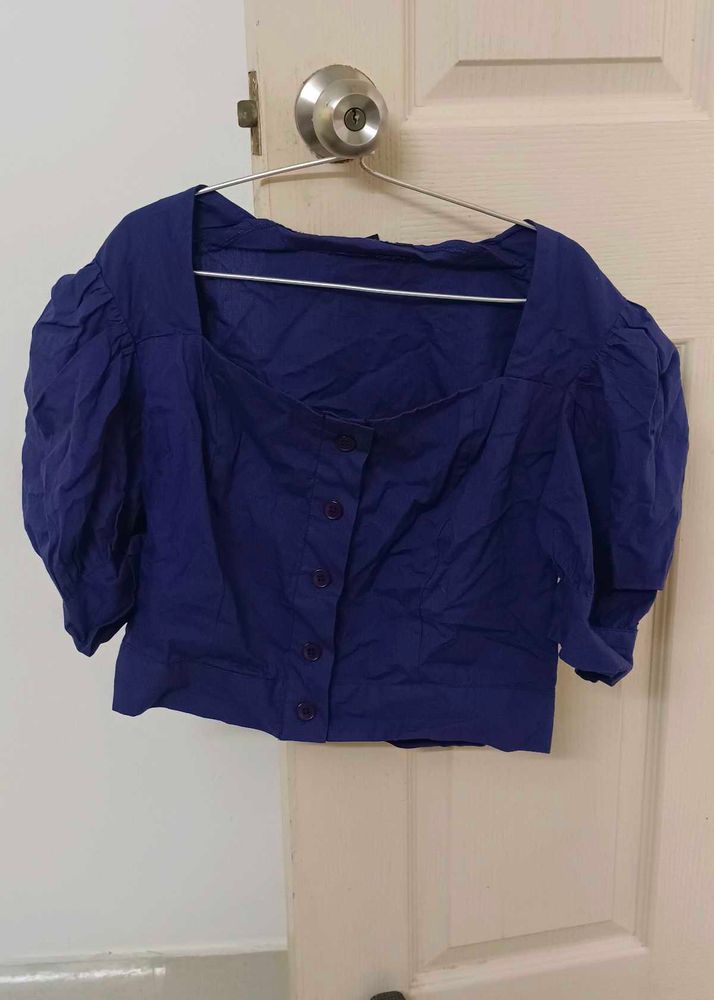 Blue Puff Sleeve Crop Top