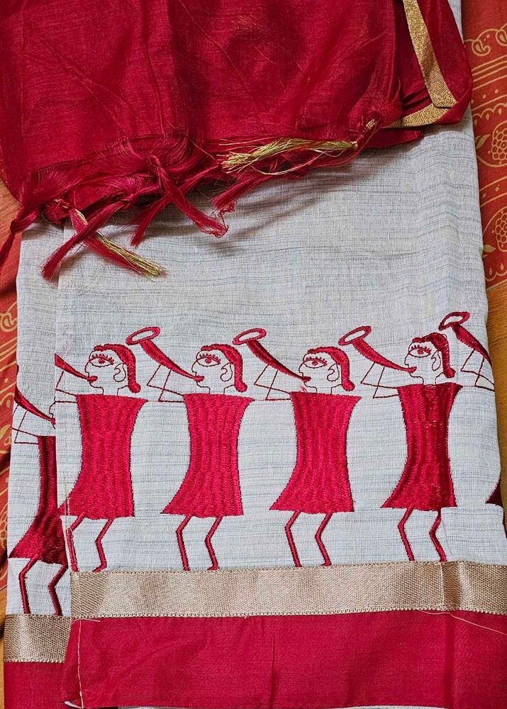 Red &amp; White Embroidered Saree