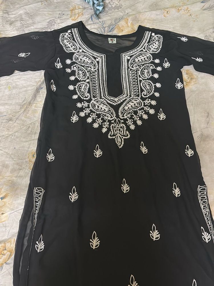 Elegant Black Chikankari Kurti with White Embroide
